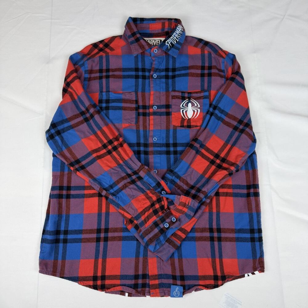 Marvel Cakeworthy Spider-Man Plaid Flannel Button-Down Shirt Men's Large L